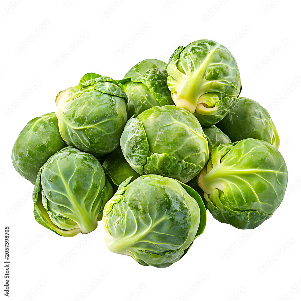 Fototapeta premium Brussels sprouts cluster, isolated on pure white background, PNG asset, clipping path, shadowless