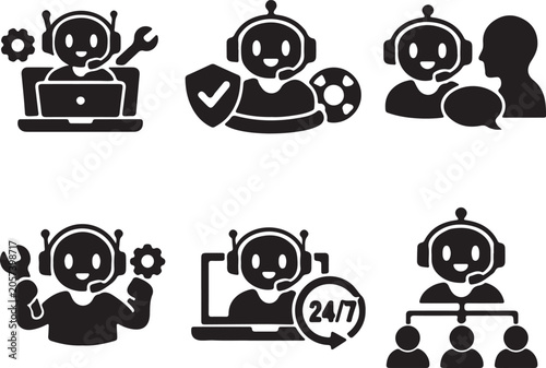 AI Support Vector Icon Set with 6 Variations, Artificial Intelligence Line Icons for Technology, Web, Mobile App UI UX Design