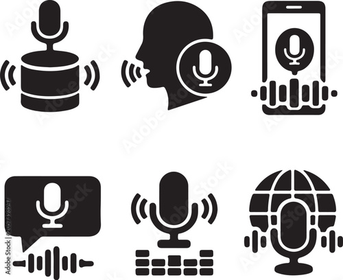 AI Voice Assistant Vector Icon Set with 6 Variations, Artificial Intelligence Line Icons for Technology, Web, Mobile App UI UX Design