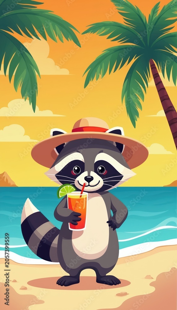 Obraz premium Cartoon raccoon enjoys tropical beach drink wearing hat. Summer vacation scene with ocean, sand, palm trees, and ocean waves. Relaxing holiday vibes.