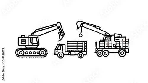 Technical line-art icon suite featuring industrial chainsaws and timber transport for resource management media.