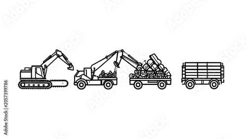 Technical line-art icon suite featuring industrial chainsaws and timber transport for resource management media.