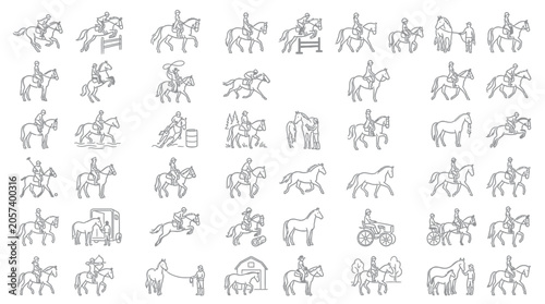 Collection of line art icons depicting various equestrian activities and horse breeds, including jumping, riding, and different gaits.