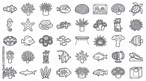 Collection of hand-drawn line art icons representing various marine life and underwater elements.