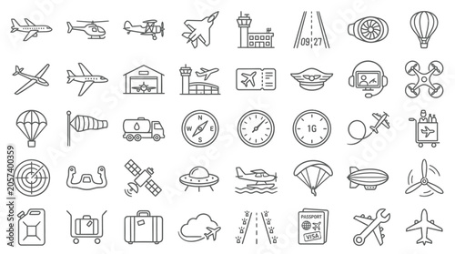 A collection of aviation and travel related icons in a simple line art style.