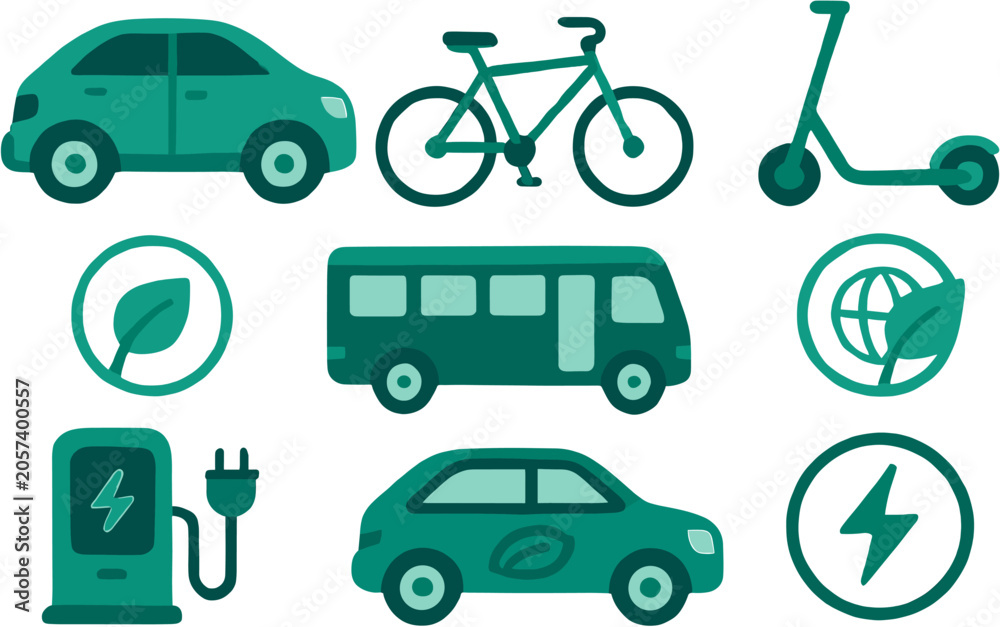 Naklejka premium Green transportation and eco-friendly mobility icons including electric car, bicycle, bus, scooter, charging station, and environmental symbols.