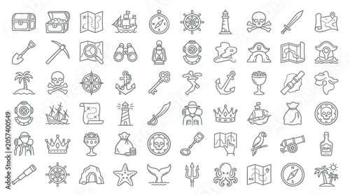 Fotografija Collection of pirate-themed icons and symbols, including treasure chests, maps, ships, and compasses, presented in a clean line art style