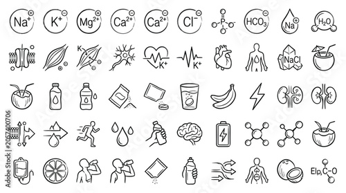 Fotografie Collection of Hand-Drawn Icons Representing Health, Hydration, and Electrolytes for Sports and Science