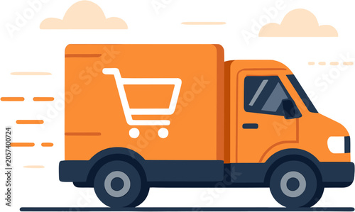 Photos An orange delivery truck with a shopping cart logo speeding along, representing fast e-commerce shipping and logistics
