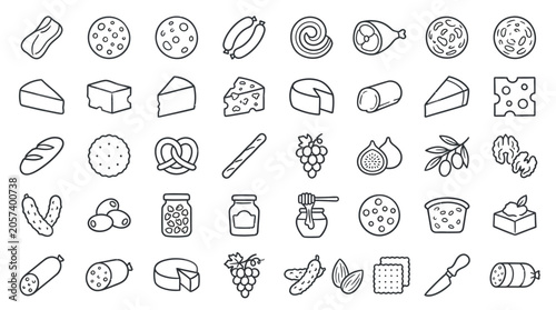Collection of food icons representing various items like cheese, meat, bread, and fruits, presented in a clean line art style.