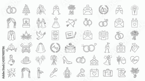 Collection of wedding icons in a hand-drawn sketch style, representing various elements of a wedding ceremony and celebration.