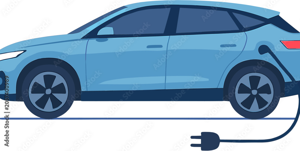 Fototapeta premium A blue electric car is plugged into a charging station, illustrating sustainable transportation and the future of automotive technology.