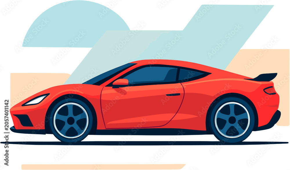 Naklejka premium Vibrant red sports car vector illustration in profile with a sleek design and blue wheel accents, set against a minimalist background.