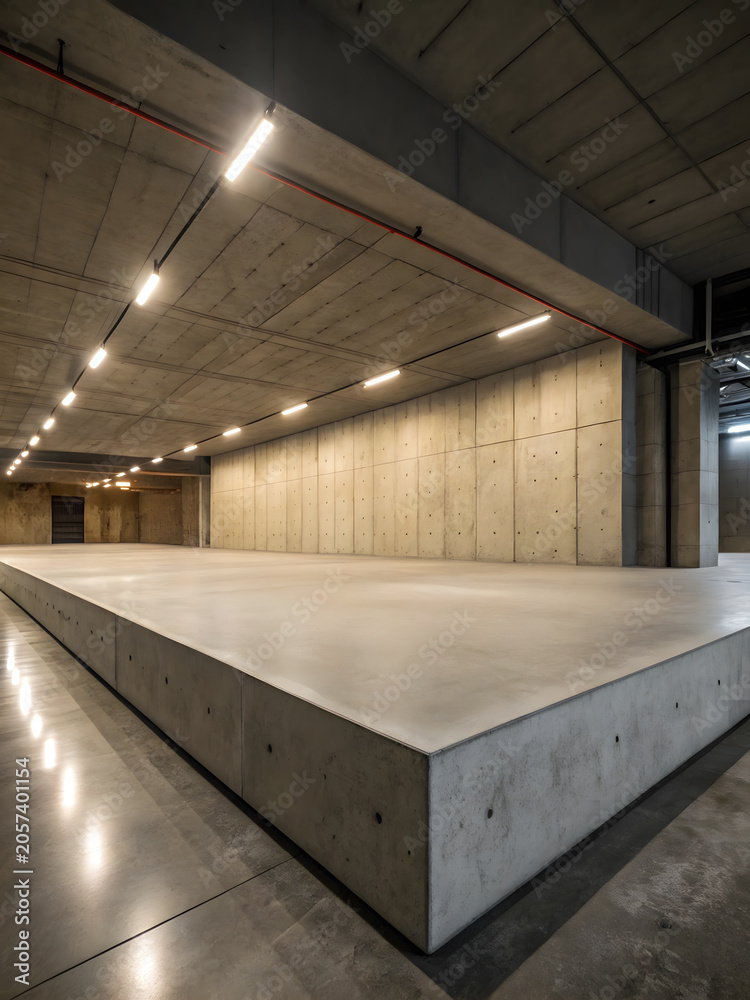 Obraz premium A large empty concrete stage in a modern industrial building with bright overhead lighting