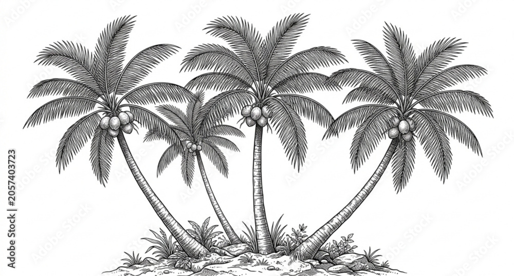 Fototapeta premium Coconut palm trees hand drawn vintage engraving vector illustration isolated on white background