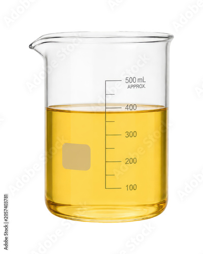 Quadro su tela Laboratory glass beaker filled with yellow gasoline liquid isolated on a white b