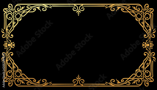Frame features an ornate golden border with intricate swirling filigree patterns set against a deep black background that provides ample copy space for elegant typography or formal event invitations.