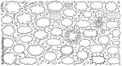 Tableau sur toile Black and white comic speech bubbles with stars and hearts