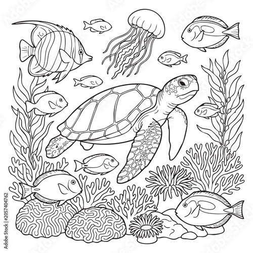 Underwater scene, sea creatures, ocean animals, black and white illustration, coloring book elements