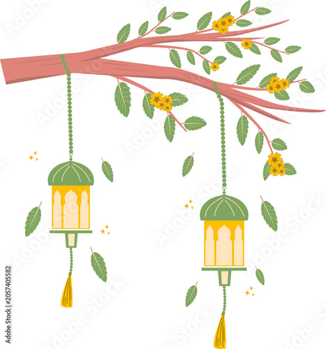 Ramadan lanterns hanging beautifully on the branches of flowering trees