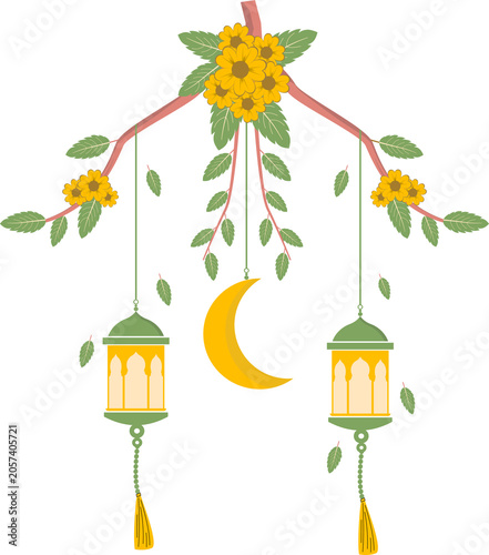 Beautiful Islamic lanterns hung from the branches of flowering trees.