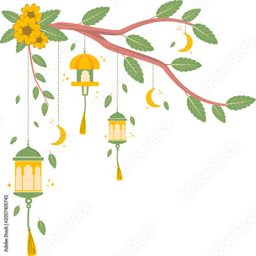 Ramadan lanterns hanging beautifully on flowering branches