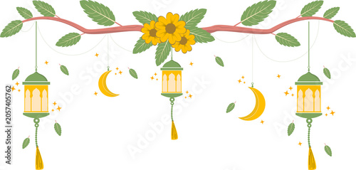 Beautiful Islamic lanterns hung from the branches of flowering trees.