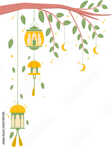 Beautiful Islamic lanterns hang from the branches of flowering trees.