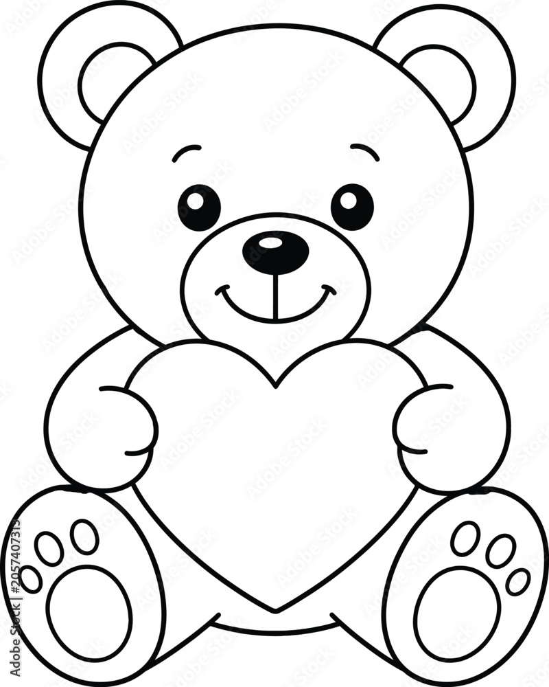 Fototapeta premium Cute teddy bear coloring page for kids with heart shape