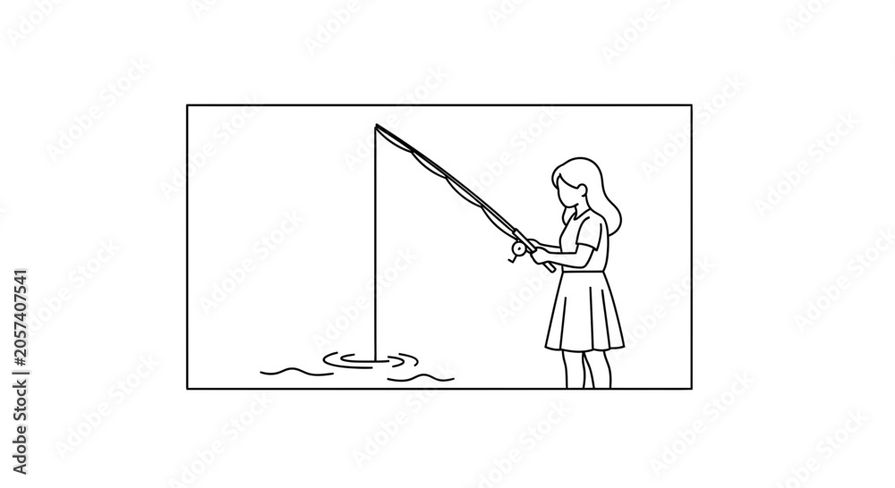 Fototapeta premium Young Girl Fishing with Rod in Water, Enjoying Hobby