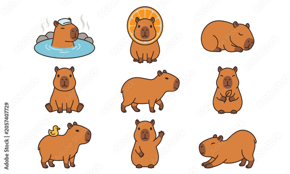 Obraz premium Cute Capybara Character Sheet Vector Illustration Set