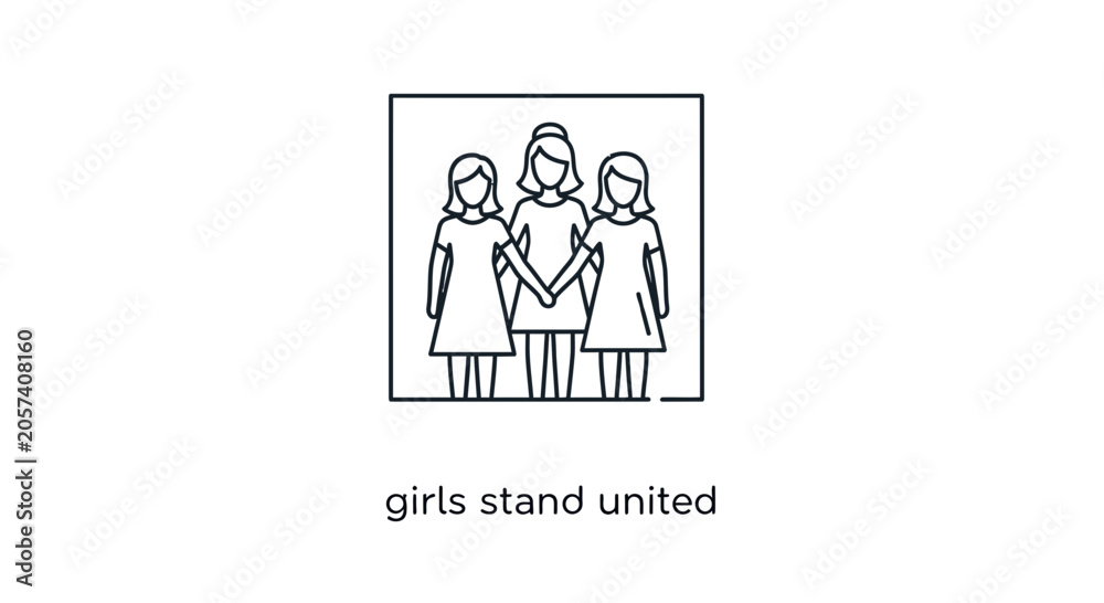 Fototapeta premium Three girls holding hands united in a square frame, symbol of friendship and teamwork