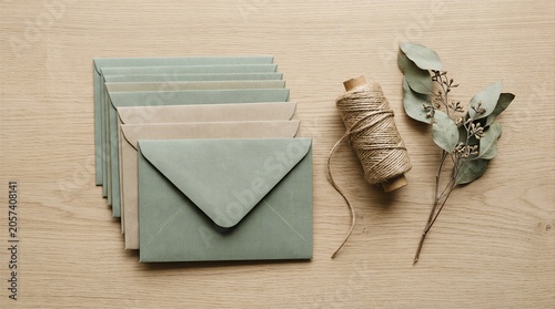 Sage green envelope stack with jute twine and eucalyptus on wooden table. Minimalist wedding stationery design. Eco invitation concept