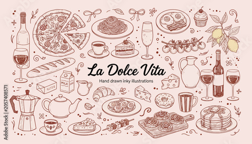 Foto La dolce vita hand drawn inky illustrations of food and drink items on pink back
