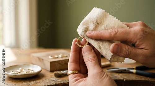 Woman polishing gold hoop earring with pearl using soft cloth. Jeweler crafting handmade jewelry in workshop with tools and rings