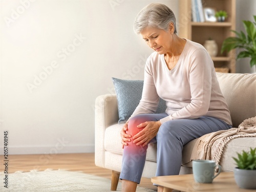 Elderly woman sitting on sofa holding painful knee with red glow indicating arthritis pain. Concept of joint pain, aging health problems, and senior citizen discomfort at home