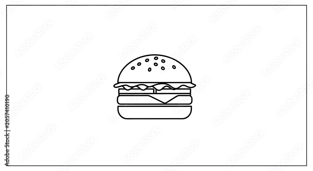 Fototapeta premium Minimalist outline illustration of a classic cheeseburger with sesame seeds on a white background