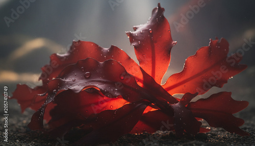 Raw Red Dulse seaweed macro texture with translucent crimson burgundy fronds