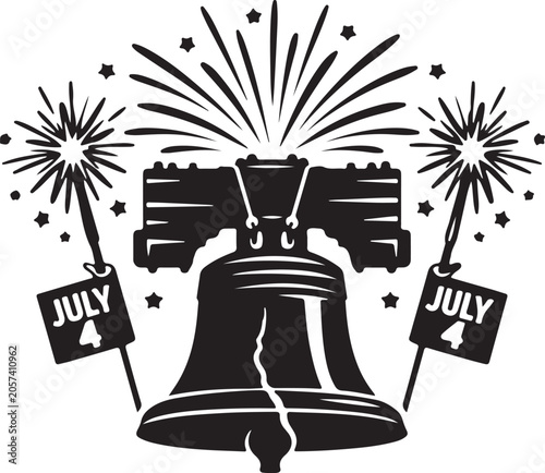 Silhouette of Liberty Bell with July 4 sparklers 