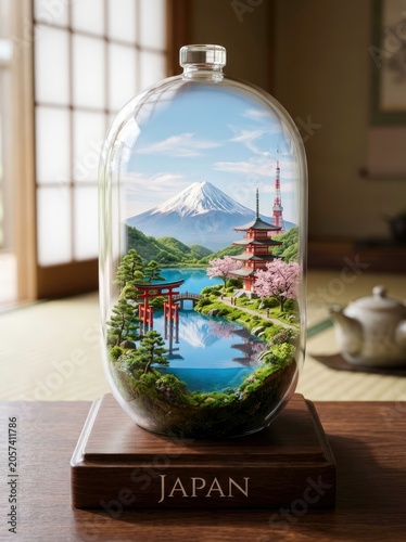 Miniature Japan Landscape Inside Glass Dome with Mount Fuji