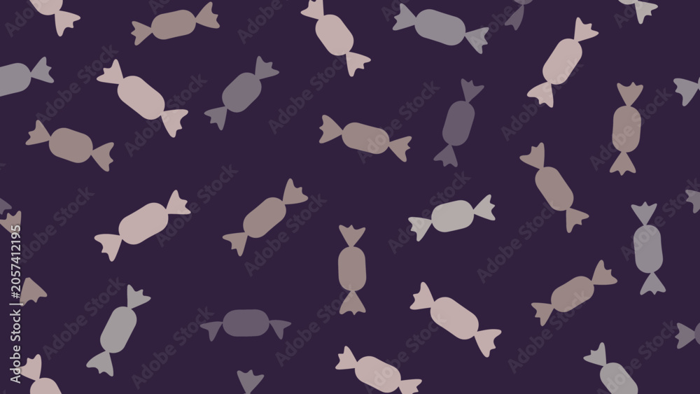 Fototapeta premium Seamless pattern of various colorful wrapped candies on a dark purple background for sweets and confectionery shop decor.