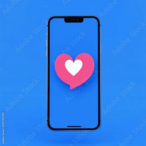 Hand holding smartphone displaying notification with heart symbol on blue background, representing social media engagement and digital interaction