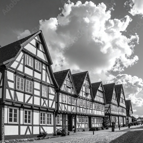 Historic row houses, dramatic sky