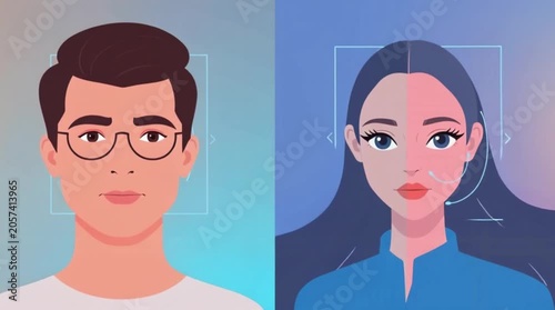 Digital Illustration of a Young Man and Woman in Profile with Technology Elements Highlighting Facial Features and Modern Design Aesthetics