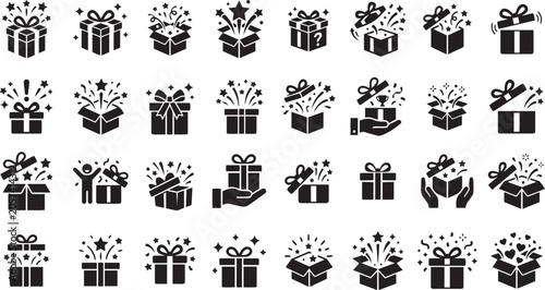 Schilderij op canvas Surprising Gift Box Icon Set in Solid Black Fill Style, Gift Wrapping Symbol for