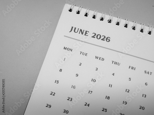 Close up of a calendar. June 2026 Monthly Calendar Page on Desk