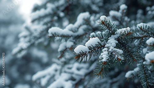 Spruce branches covered in thick white snow capture the essence of a tranquil winter season as the frosted needles create a natural texture that suggests cold weather and outdoor serenity.