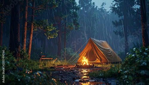 Lonely tent in rainy forest