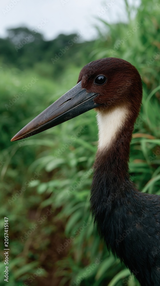 Fototapeta premium A stunning bird stands in lush greenery displaying its vibrant beak and colors