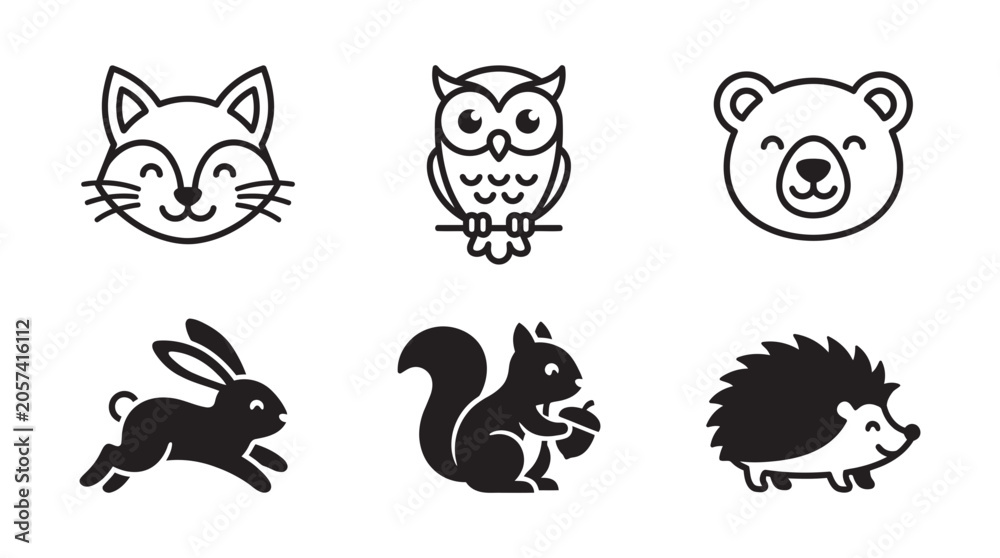 Obraz premium Set of wild animal face and body icons featuring fox owl bear rabbit squirrel and hedgehog wildlife squirrel hedgehog